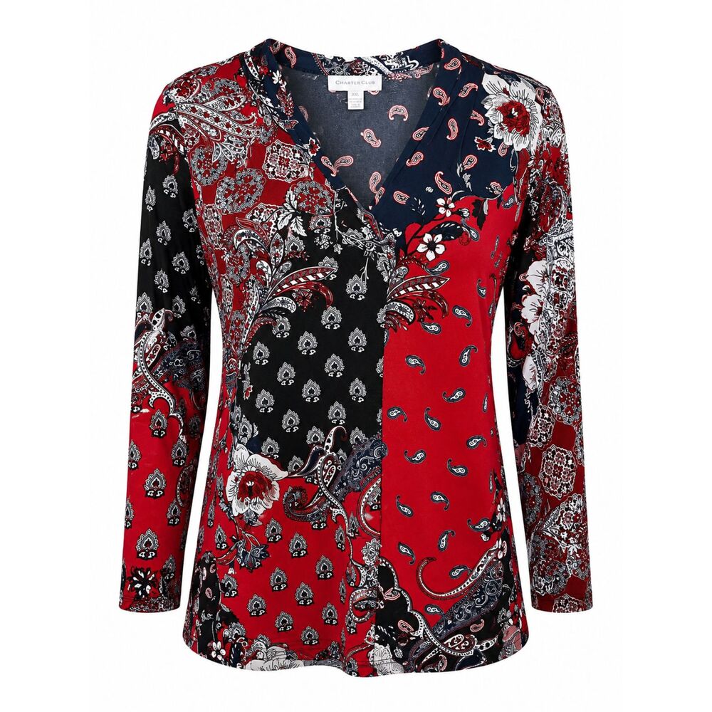 Charter Club Paisley Floral Patchwork Top XXL Red Blue Boho Blouse